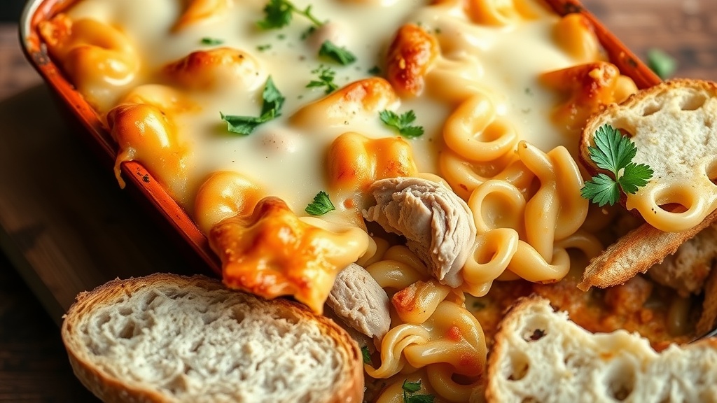 Creamy Turkey Tetrazzini Casserole A golden turkey tetrazzini casserole with cheese and parsley on a wooden table.